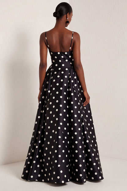 Black and White Polka Dots  A Line Satin Spaghetti Straps Long Formal Dress