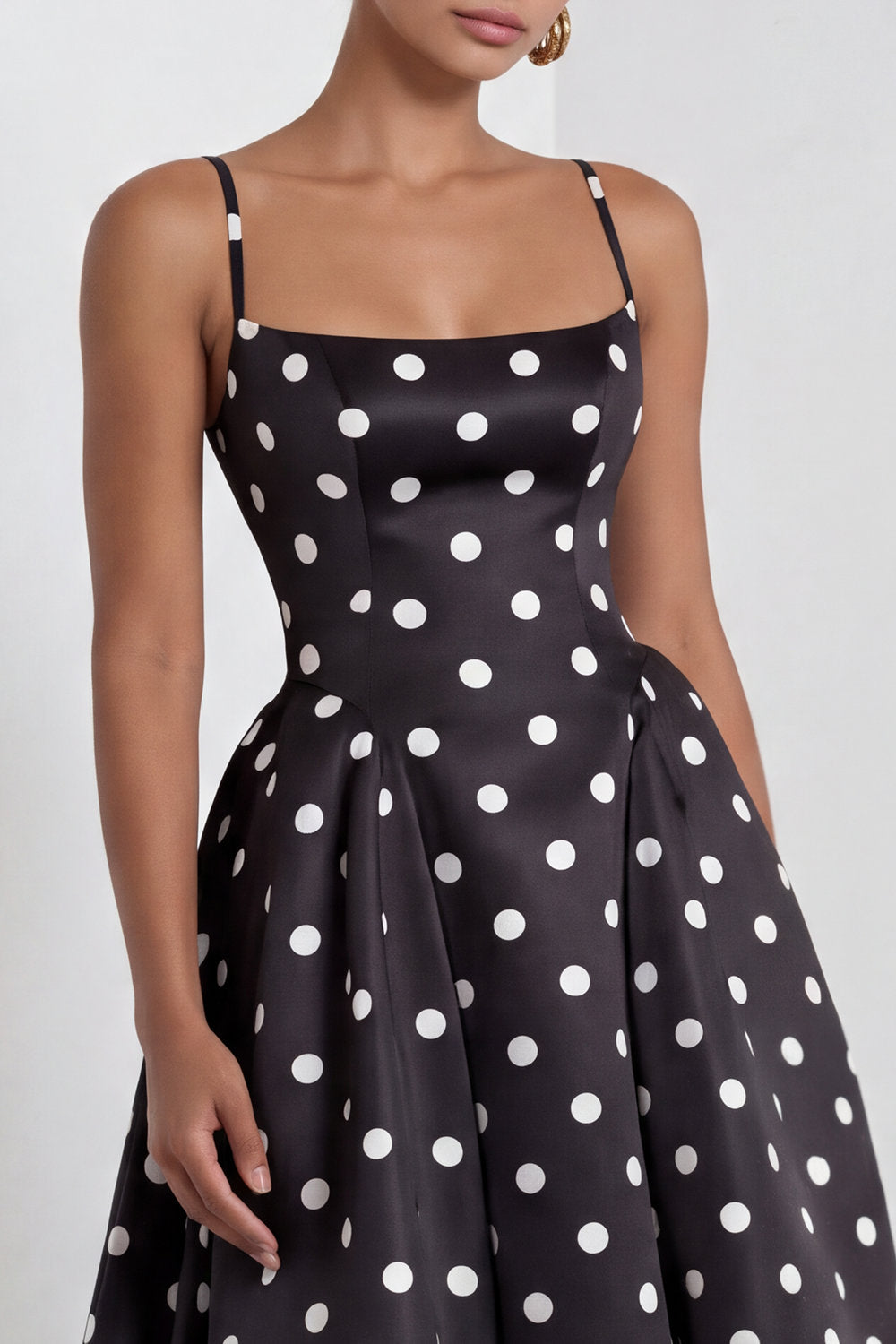Black and White Polka Dots  A Line Satin Spaghetti Straps Long Formal Dress