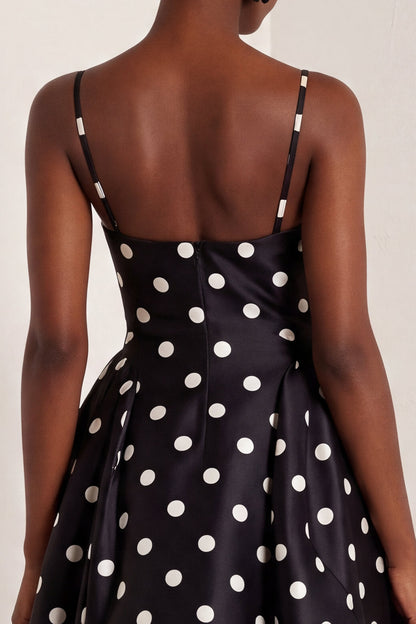 Black and White Polka Dots  A Line Satin Spaghetti Straps Long Formal Dress