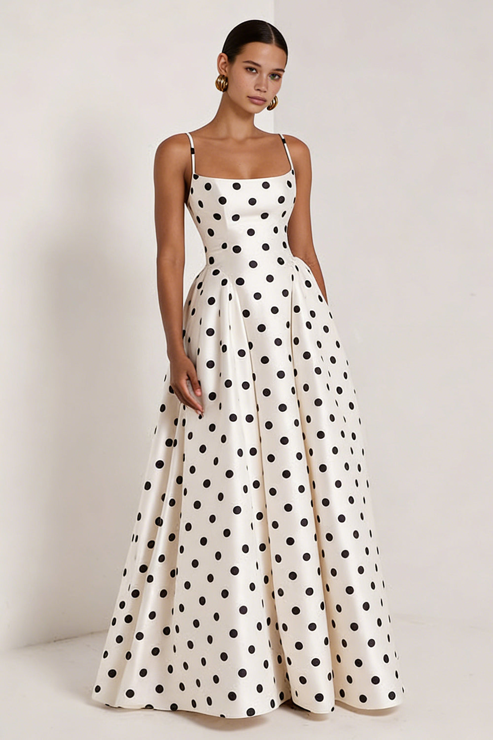 Black and White Polka Dots  A Line Satin Spaghetti Straps Long Formal Dress