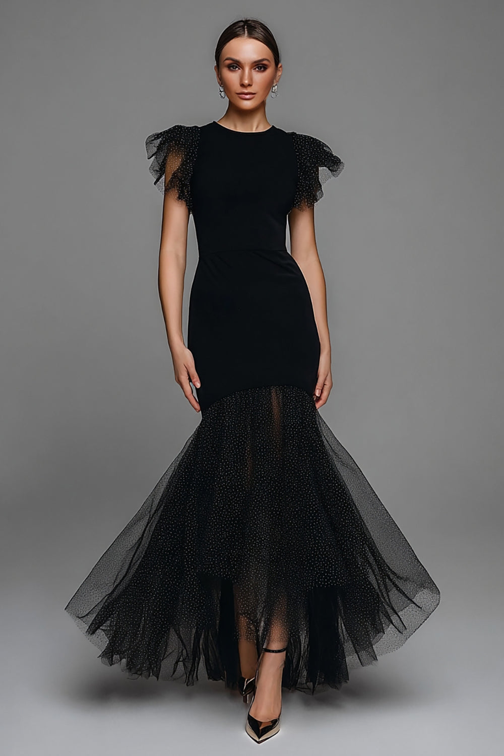 Black Polka Dots Mermaid Tulle Long Formal Dress with Ruffles