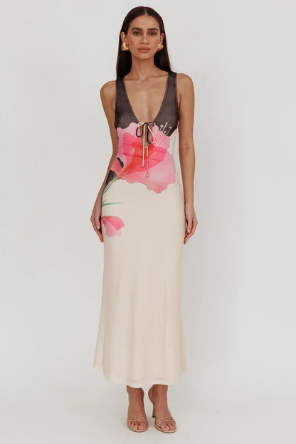 Cinders Tied Plunging Neckline Maxi Dress Flower Black