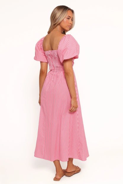Chlo Puff Sleeve Midi Dress - Red Stripe