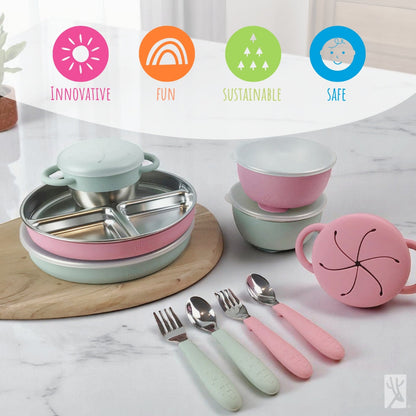 Stainless Steel Mealtime Bundle | Plates, Bowls, Snack Cups + Toddler Utensils | Suction Sleeves | Blush/Sage