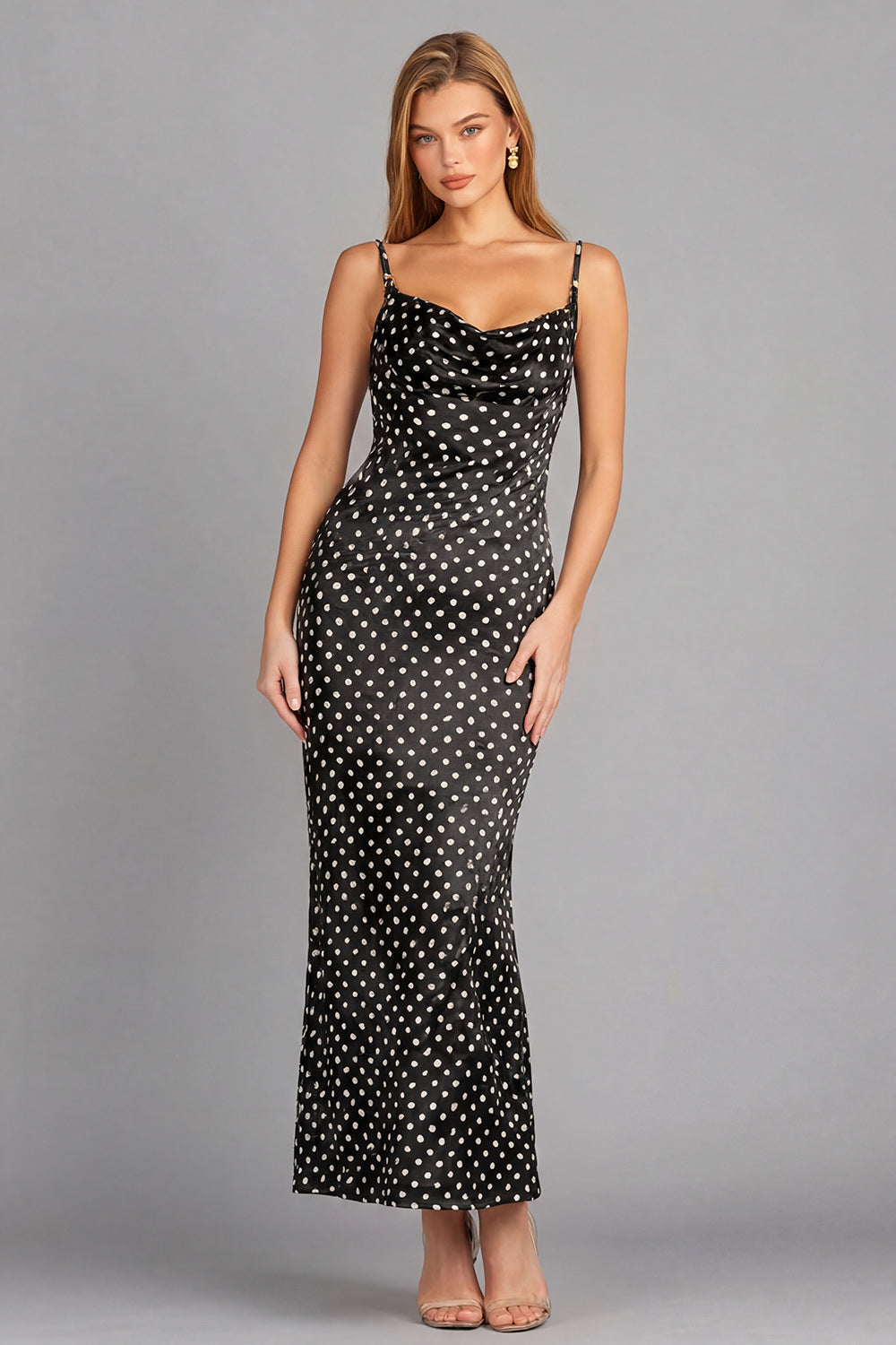 Black and White Dots Mermaid Spaghetti Straps Maxi Wedding Guest Dress