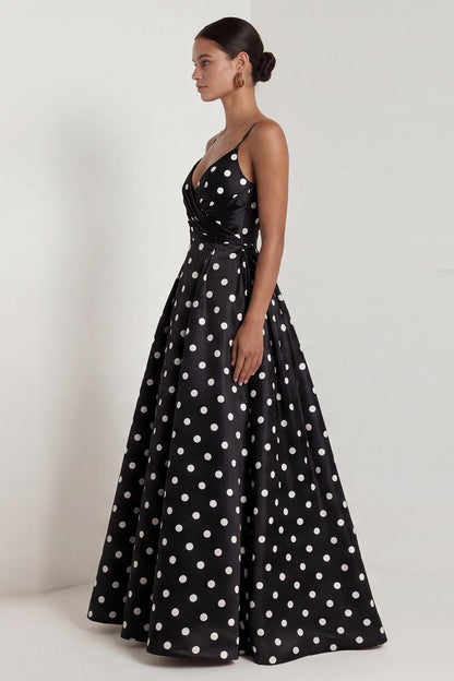 Black and White Polka Dots Ruched Long A Line Formal Dress