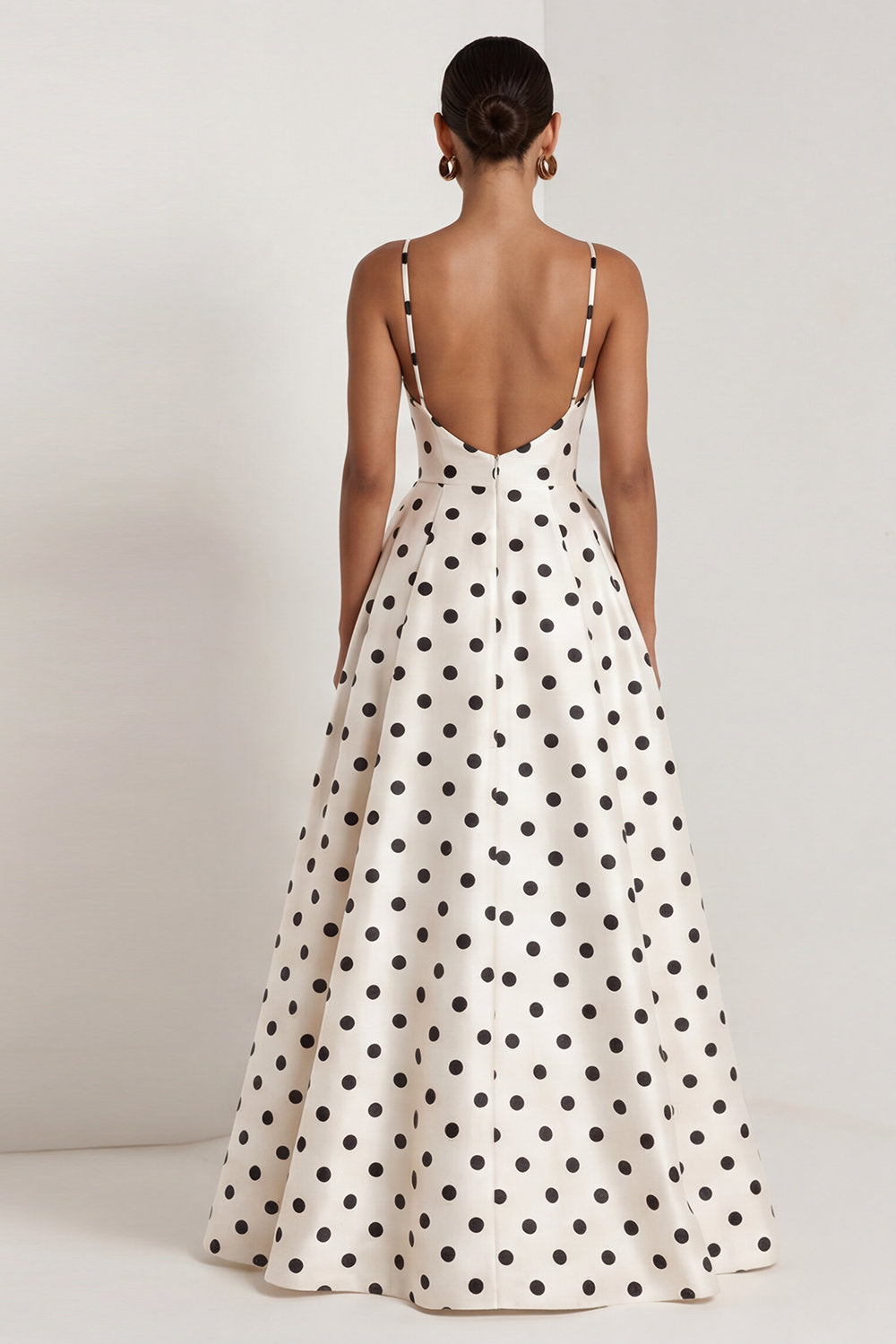 Black and White Polka Dots Ruched Long A Line Formal Dress