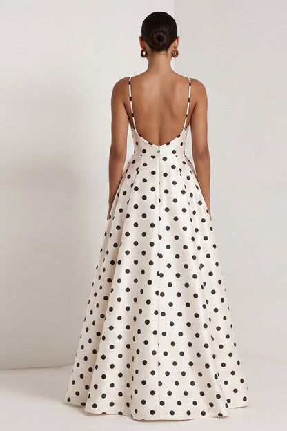 Black and White Polka Dots Ruched Long A Line Formal Dress