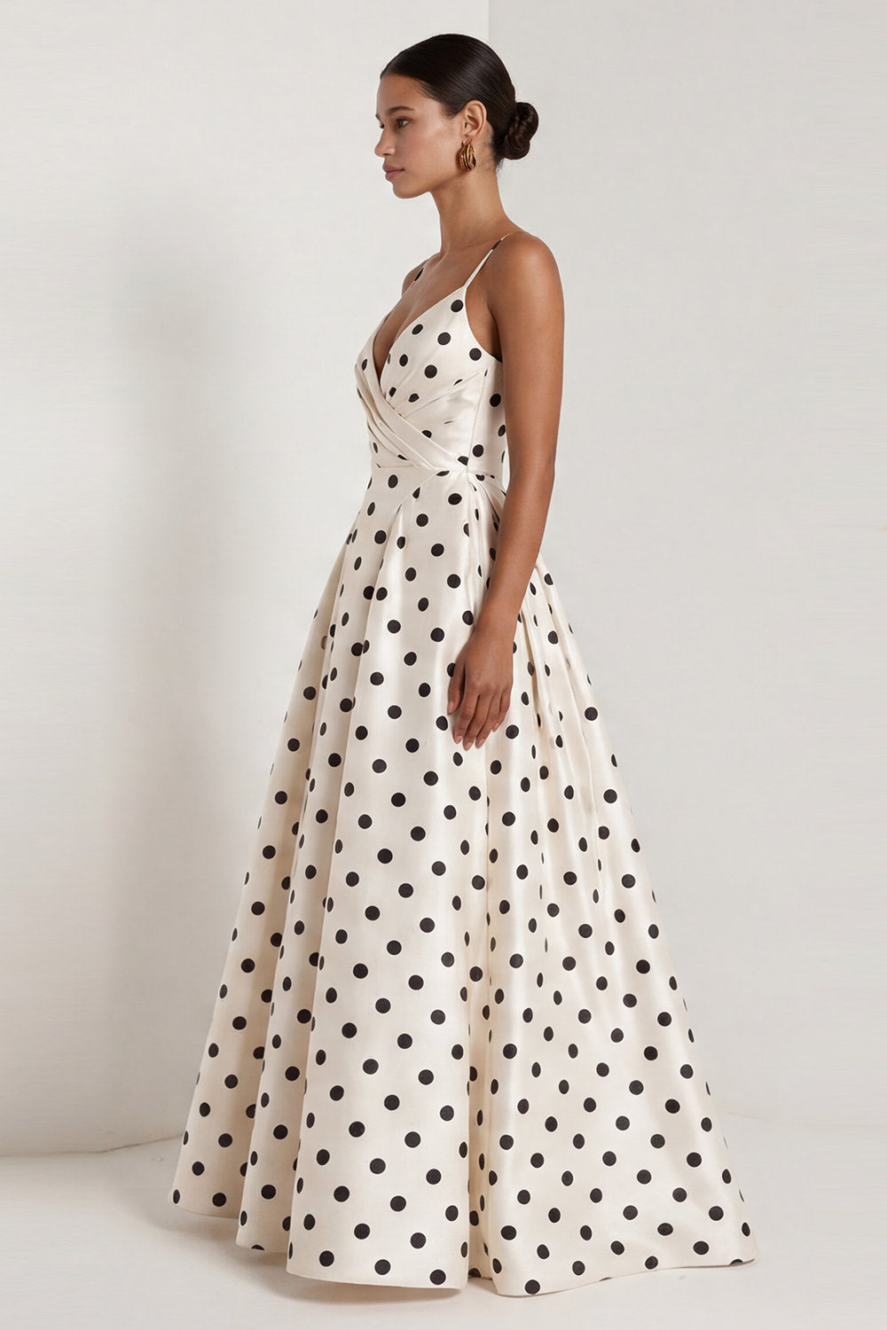 Black and White Polka Dots Ruched Long A Line Formal Dress