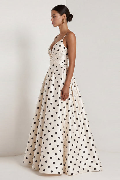 Black and White Polka Dots Ruched Long A Line Formal Dress