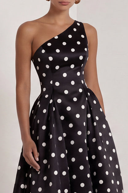 One Shoulder Black and White Polka Dots Long A Line Formal Dress