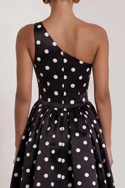 One Shoulder Black and White Polka Dots Long A Line Formal Dress