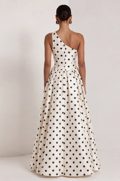 One Shoulder Black and White Polka Dots Long A Line Formal Dress
