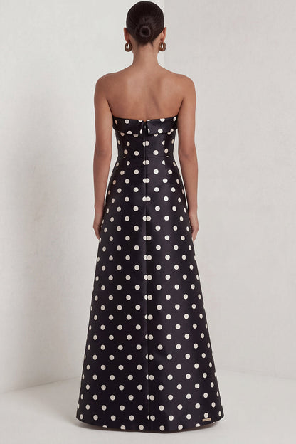 Strapless Black and White Polka Dots Long A Line Formal Dress with Slit