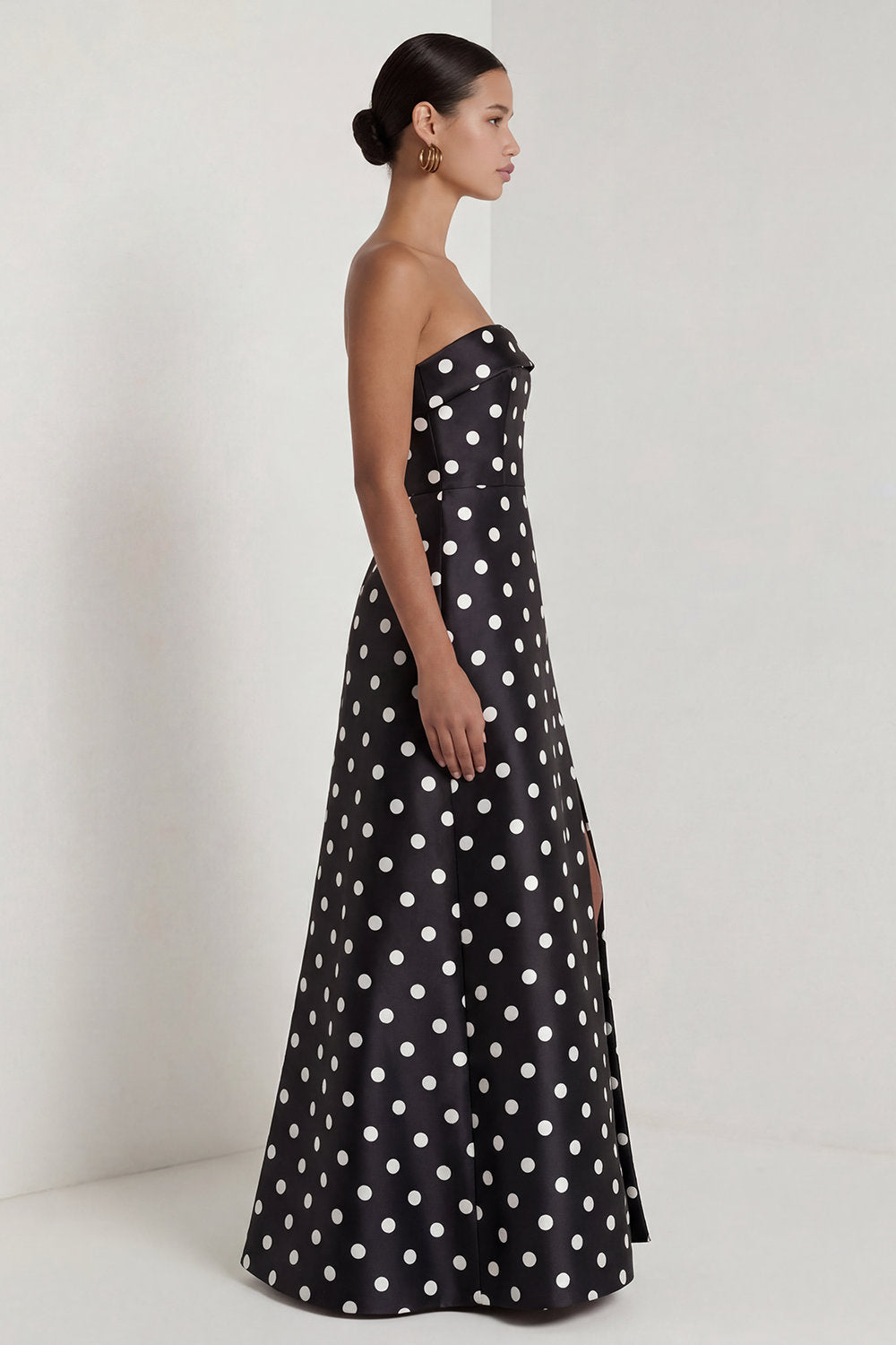 Strapless Black and White Polka Dots Long A Line Formal Dress with Slit