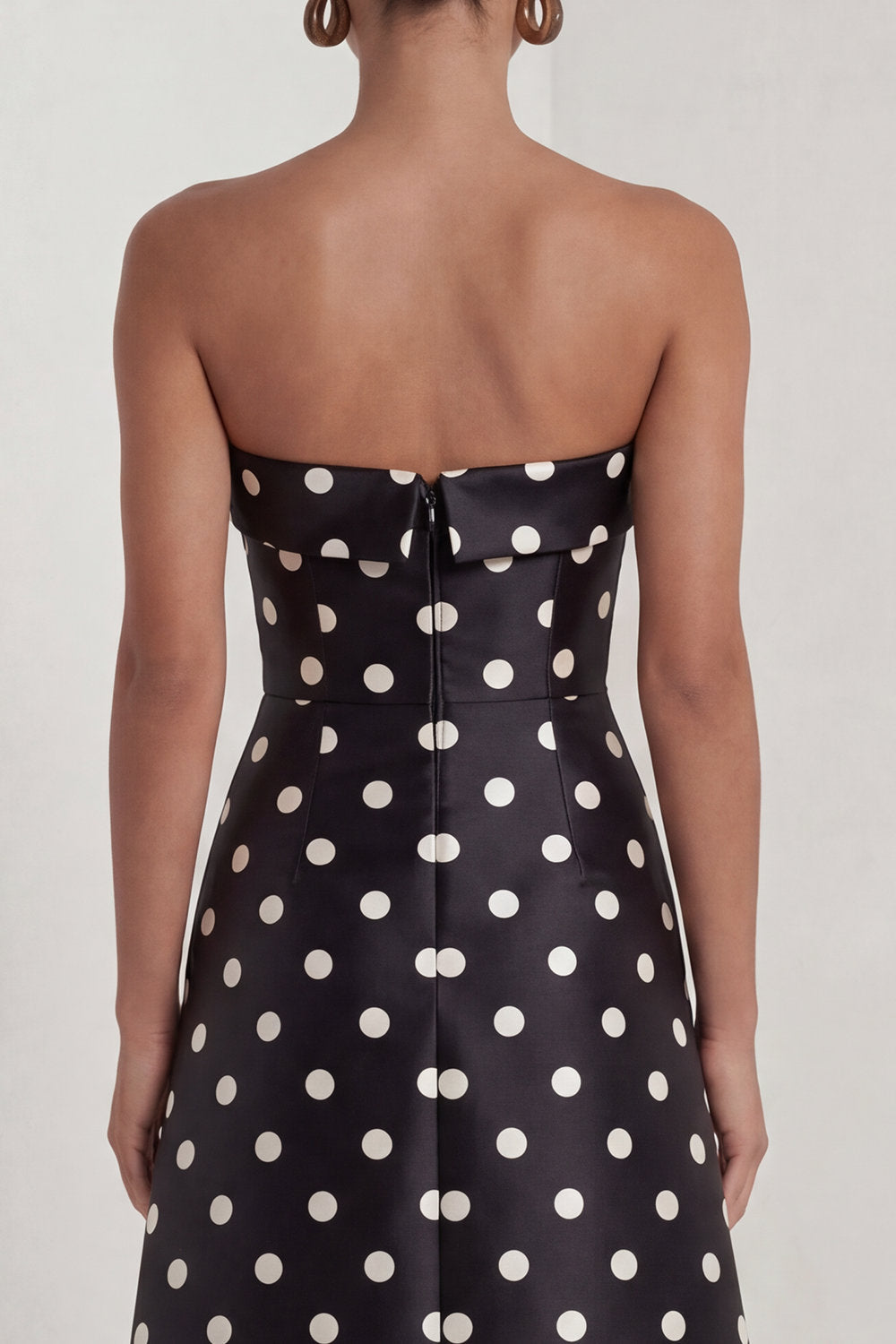 Strapless Black and White Polka Dots Long A Line Formal Dress with Slit