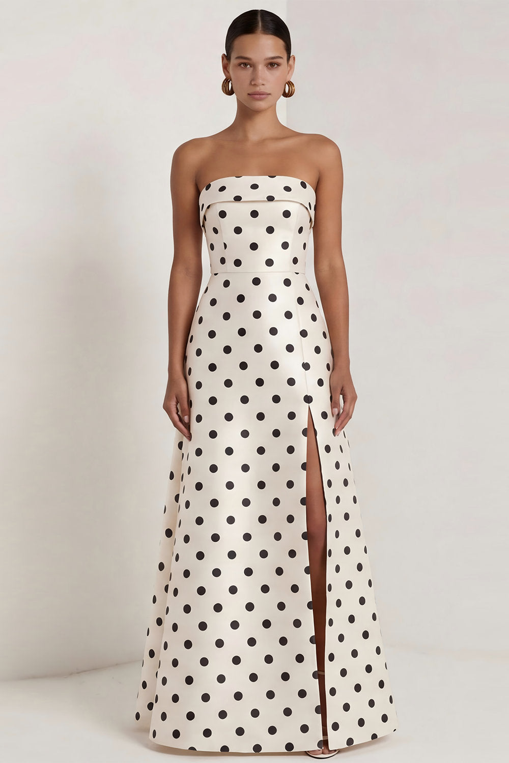 Strapless Black and White Polka Dots Long A Line Formal Dress with Slit