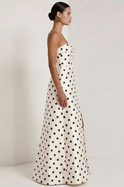 Strapless Black and White Polka Dots Long A Line Formal Dress with Slit