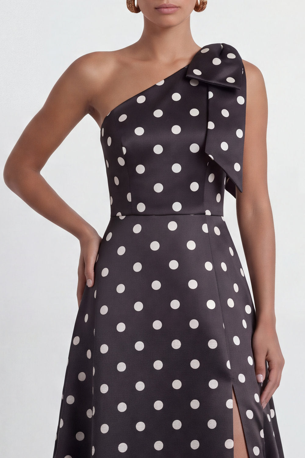 A Line Black and White Polka Dots Long Formal Dress with Bow