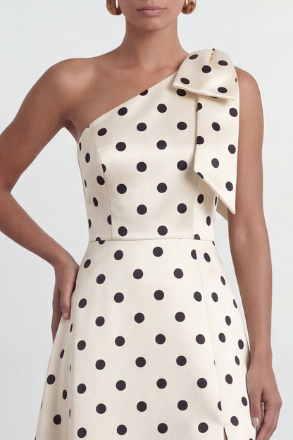 A Line Black and White Polka Dots Long Formal Dress with Bow