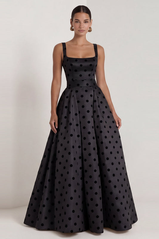 Long Square Neck A Line Black Polka Dots Formal Dress with Bow