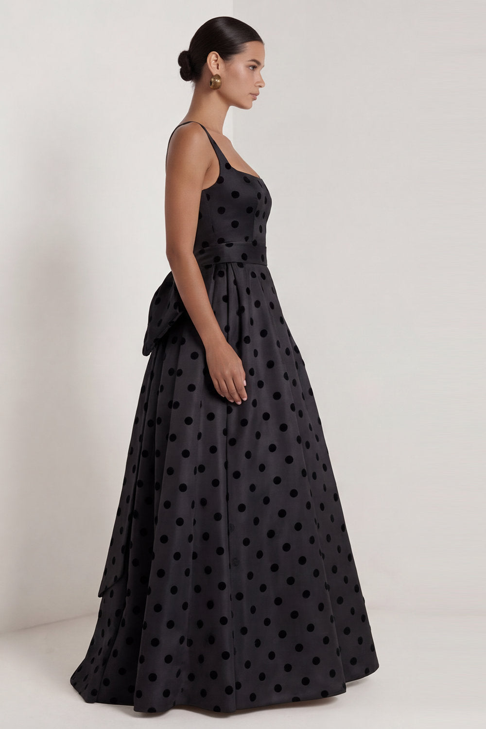 Long Square Neck A Line Black Polka Dots Formal Dress with Bow
