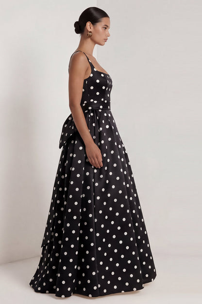 Long Square Neck A Line Black Polka Dots Formal Dress with Bow