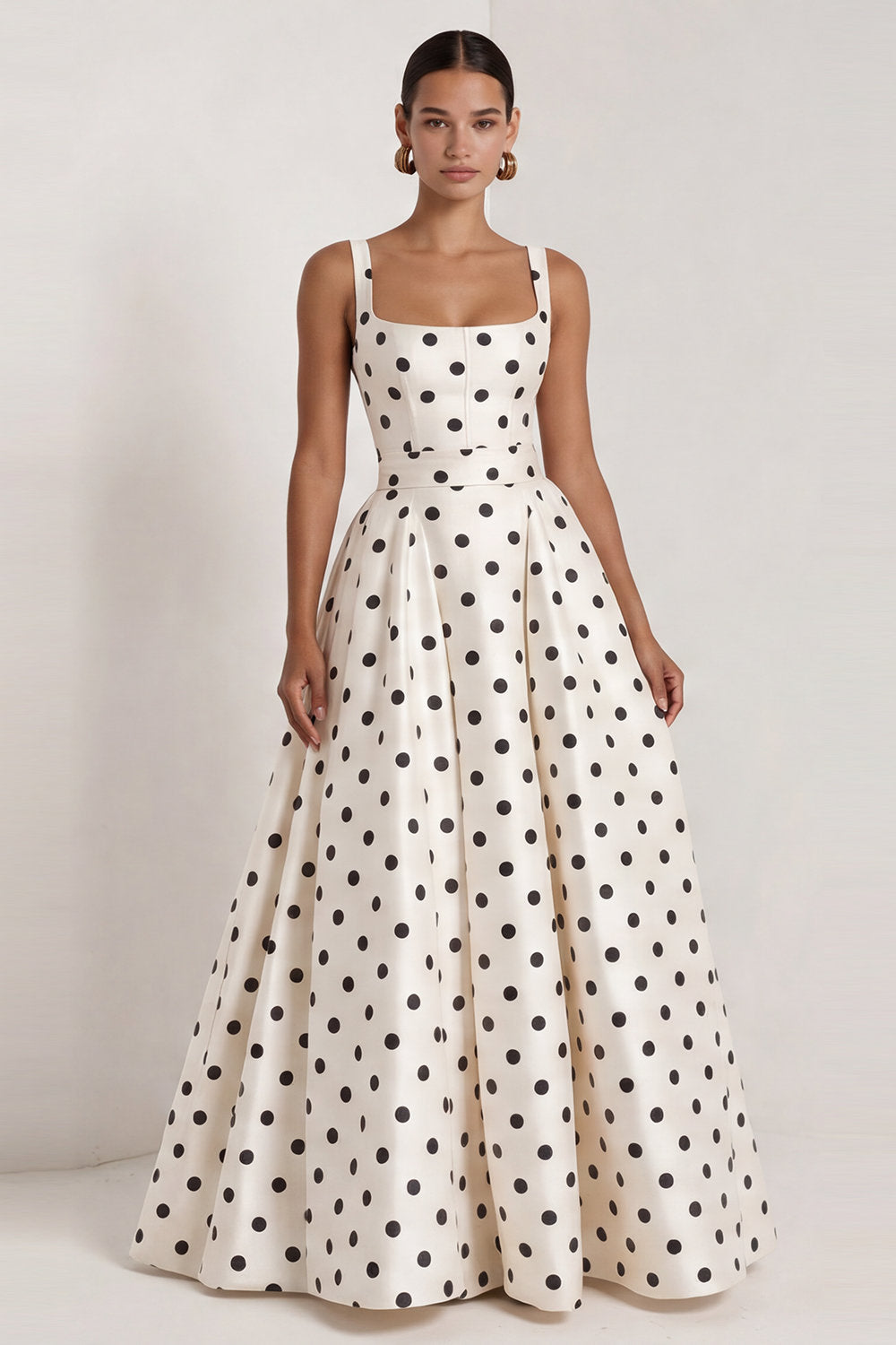 Long Square Neck A Line Black Polka Dots Formal Dress with Bow
