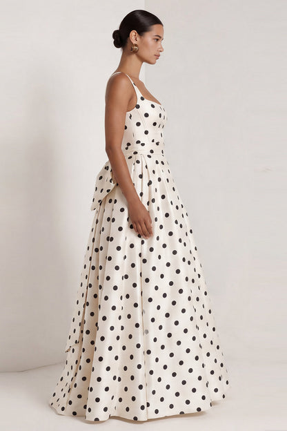 Long Square Neck A Line Black Polka Dots Formal Dress with Bow