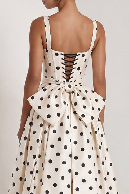 Long Square Neck A Line Black Polka Dots Formal Dress with Bow
