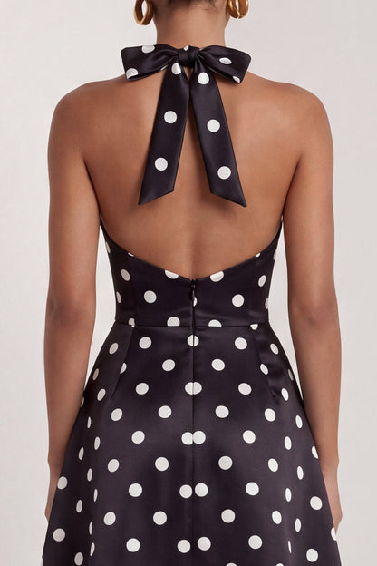 Halter A Line Black and White Polka Dots Long Formal Dress with Bow