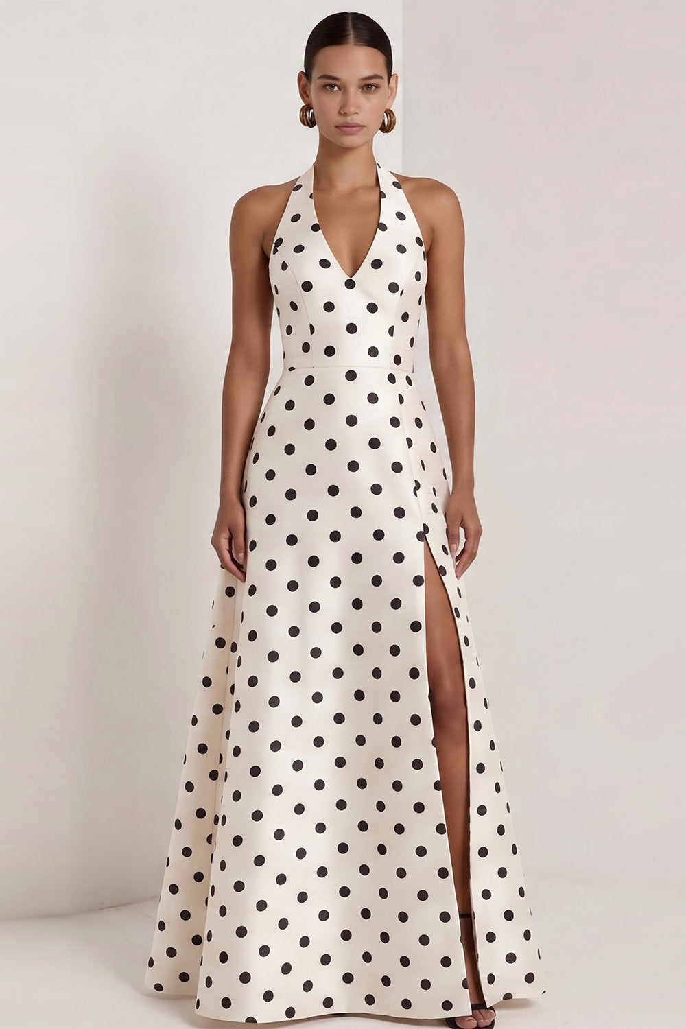 Halter A Line Black and White Polka Dots Long Formal Dress with Bow