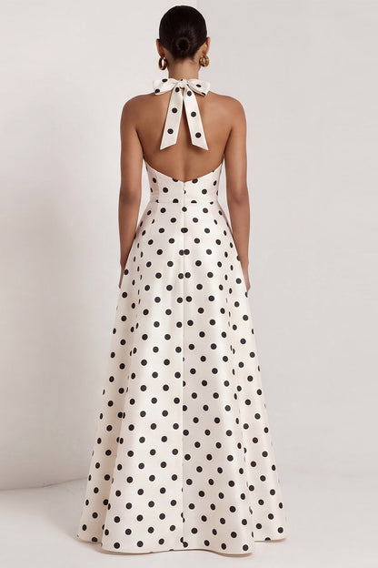 Halter A Line Black and White Polka Dots Long Formal Dress with Bow