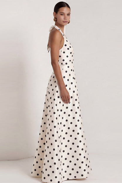 Halter A Line Black and White Polka Dots Long Formal Dress with Bow