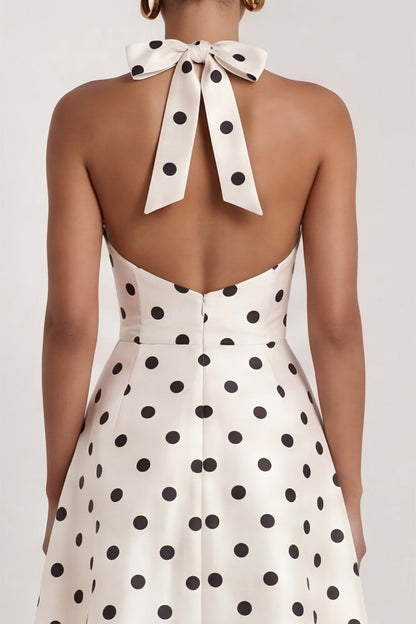 Halter A Line Black and White Polka Dots Long Formal Dress with Bow