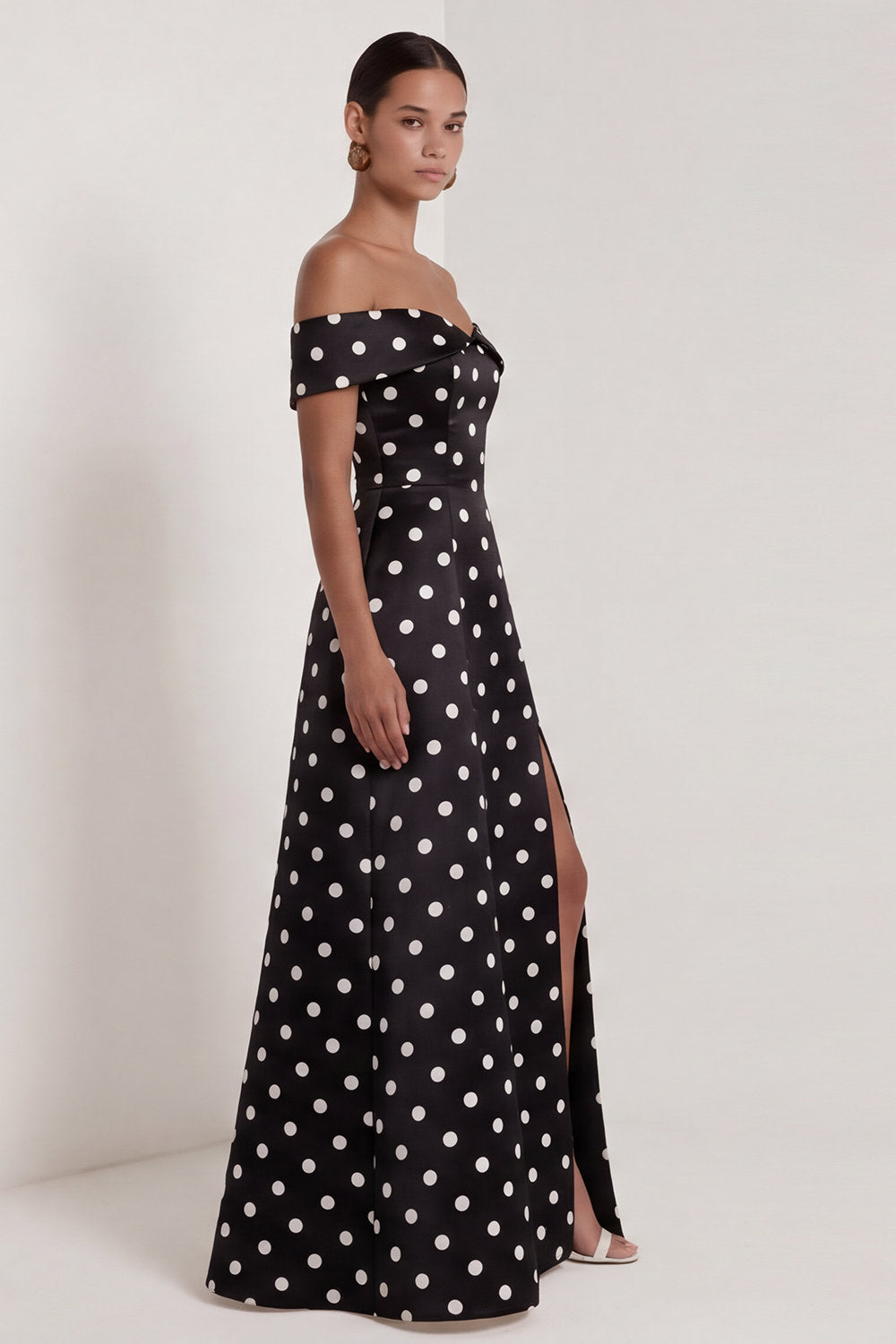 A Line Black and White Polka Dots Long Formal Dress with Slit