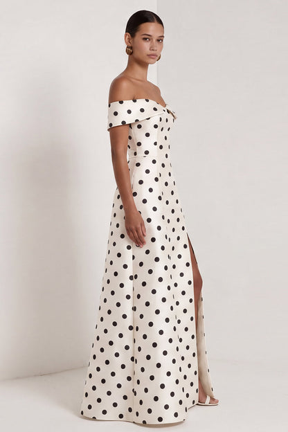 A Line Black and White Polka Dots Long Formal Dress with Slit