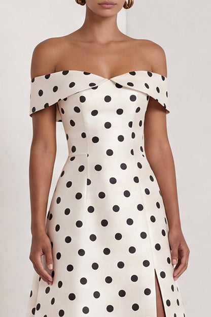 A Line Black and White Polka Dots Long Formal Dress with Slit