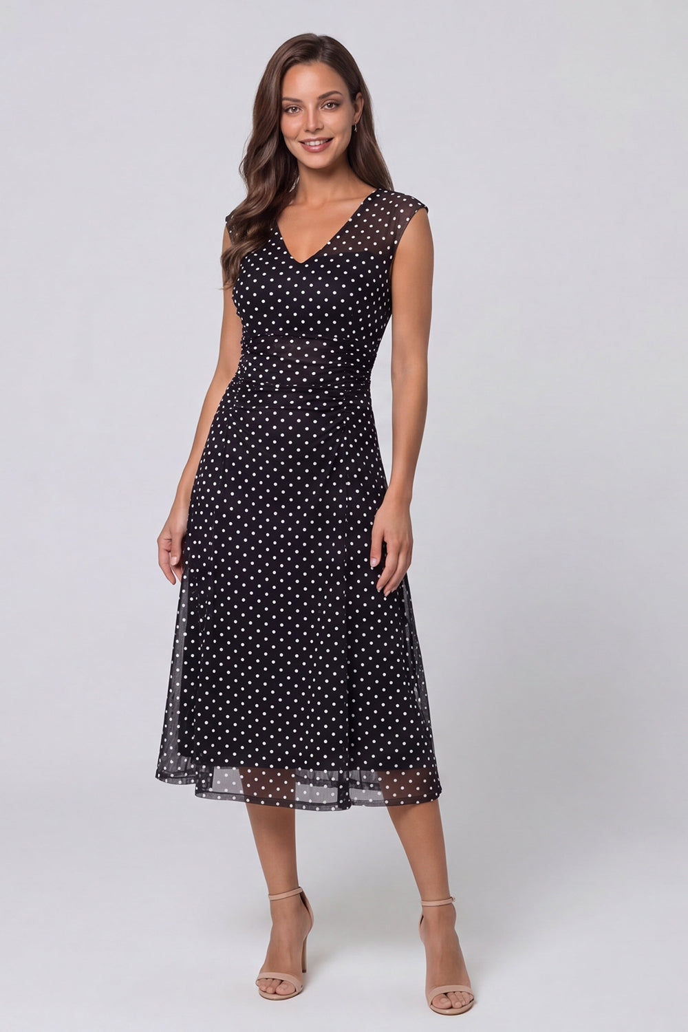 Black and White Polka Dots V-Neck Long A Line Work Dress