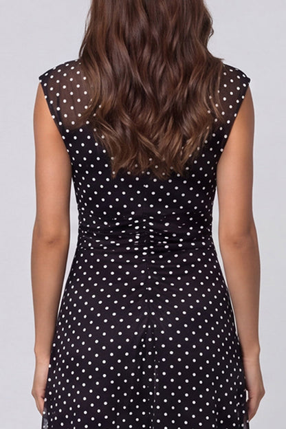 Black and White Polka Dots V-Neck Long A Line Work Dress