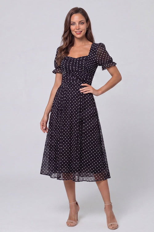 Black and White Polka Dots Short Sleeves Long A Line Work Dress