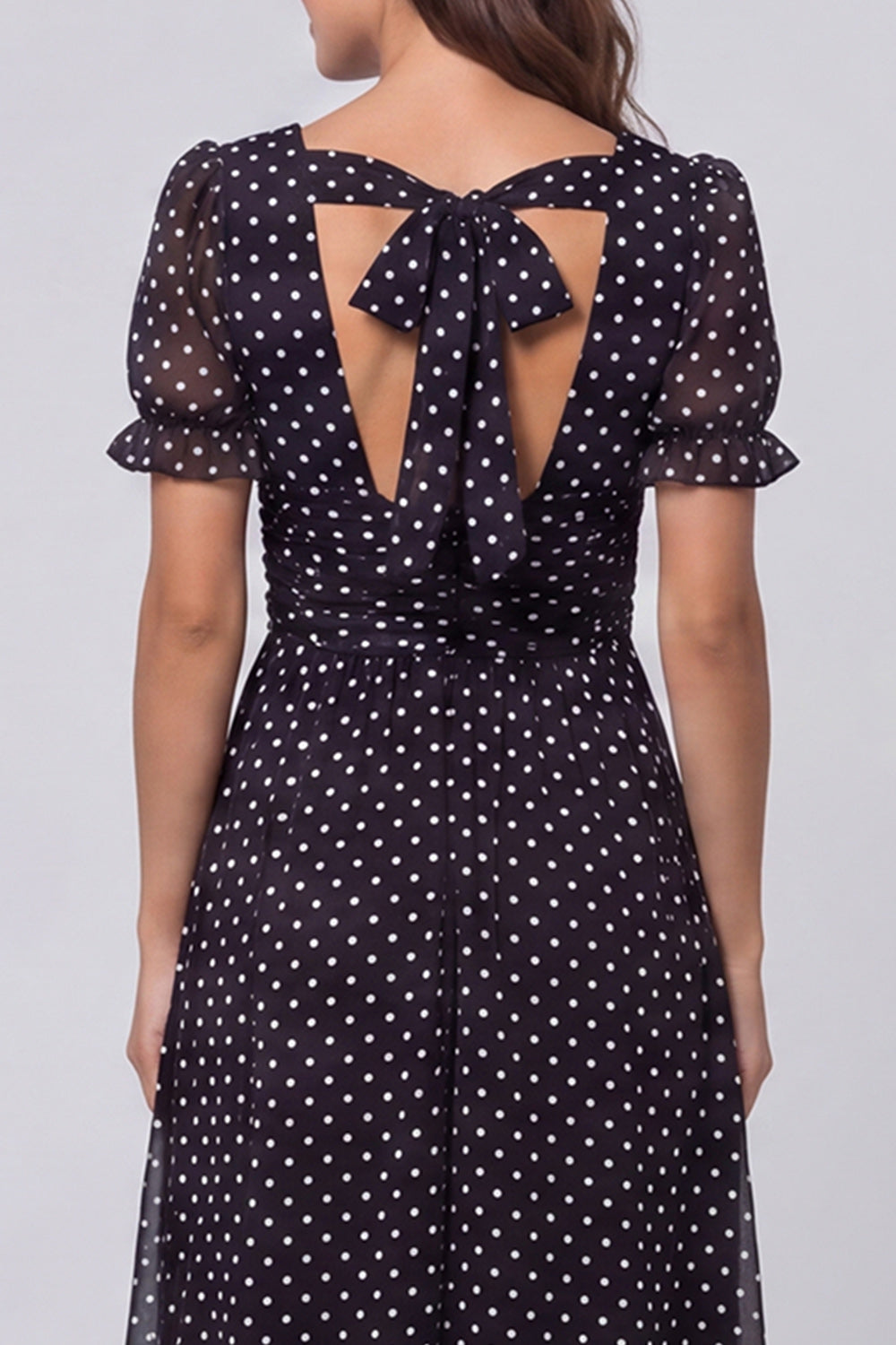 Black and White Polka Dots Short Sleeves Long A Line Work Dress