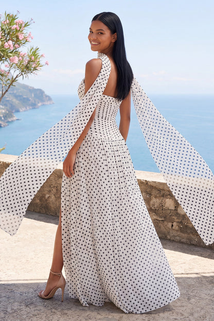 White and Black Polka Dots Strapless A Line Long Formal Dress with Slit