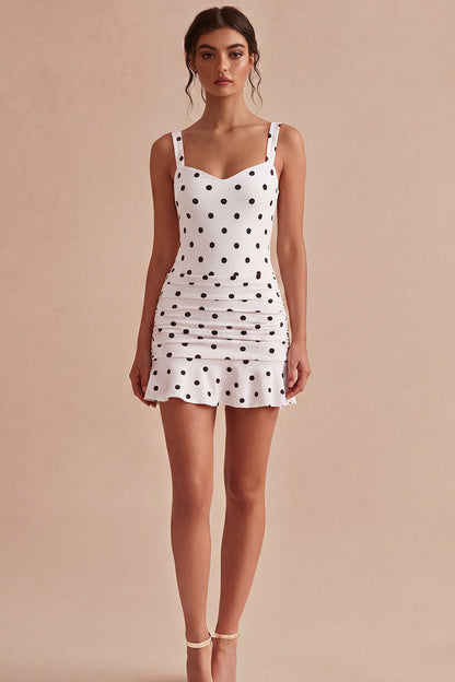White and Black Thick Straps Short Polka Dots Dress with Ruffles