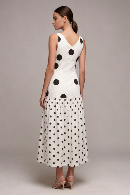White and Black Cowl Neck A Line Maxi Polka Dots Dress
