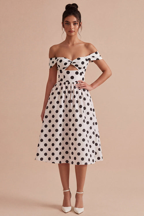 White and Black Keyhole Off the Shoulder A Line Midi Polka Dots Dress