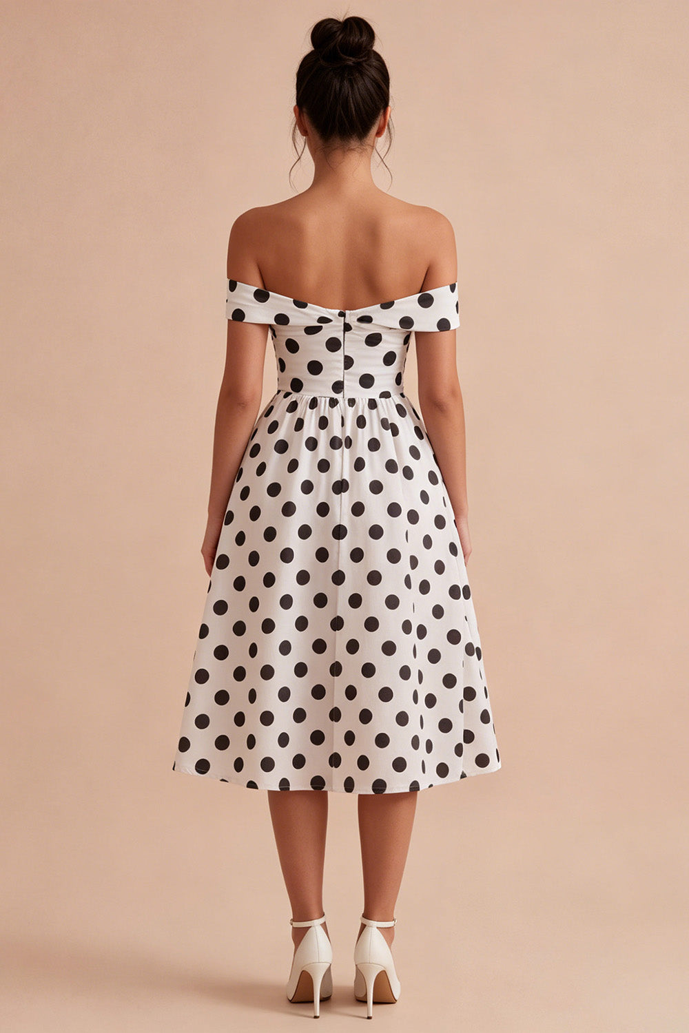 White and Black Keyhole Off the Shoulder A Line Midi Polka Dots Dress