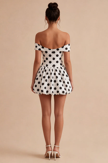 Short White and Black Keyhole Off the Shoulder A Line Polka Dots Dress