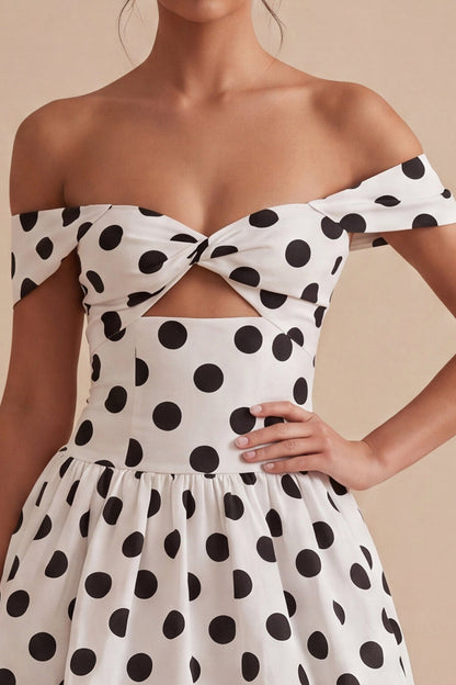 Short White and Black Keyhole Off the Shoulder A Line Polka Dots Dress