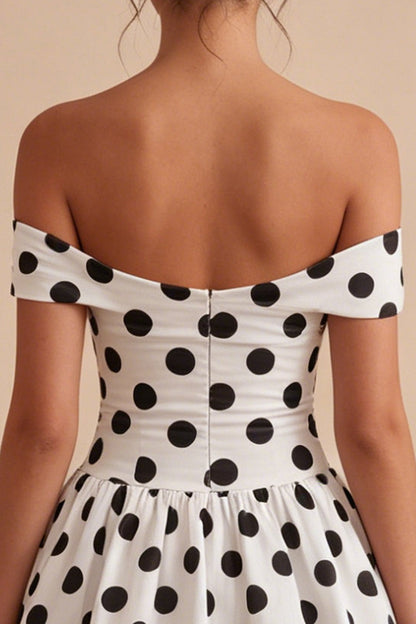 Short White and Black Keyhole Off the Shoulder A Line Polka Dots Dress